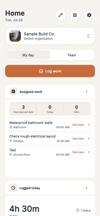 timecue dashboard showing projects, assigned work, logged time and recent activity