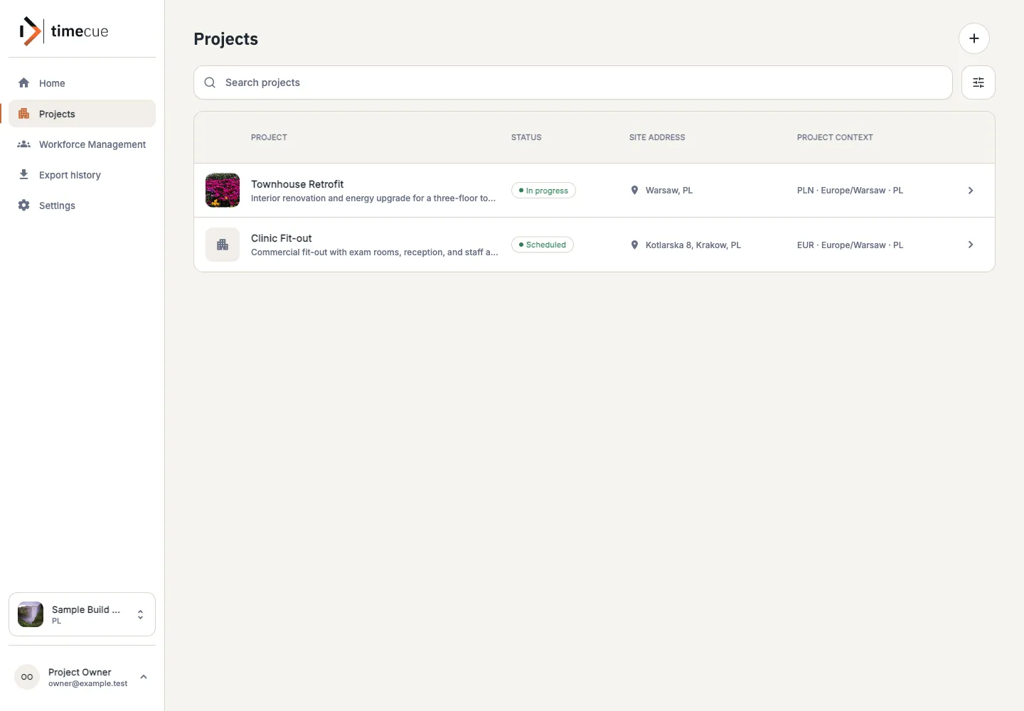 timecue project list with two sample projects, their status and site address