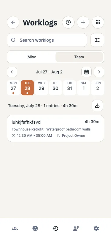 timecue worklog list showing hours linked to workers, projects and tasks